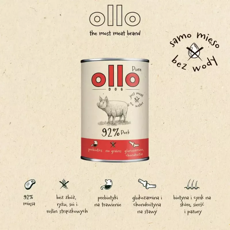 Wet dog food OLLO Pure Pork 850 g — complete adult wet food, monoprotein, 17% protein, 11.5% fat, 63% moisture