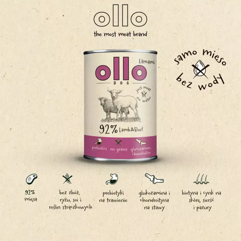 Wet dog food OLLO Umami Lamb and Beef 850 g — adult, grain-free, gluten- and soy-free