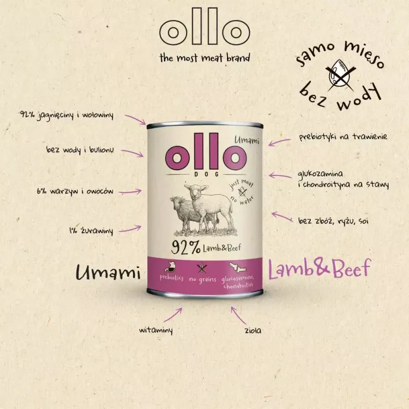 Wet dog food OLLO Umami Lamb and Beef 850 g — adult, grain-free, gluten- and soy-free