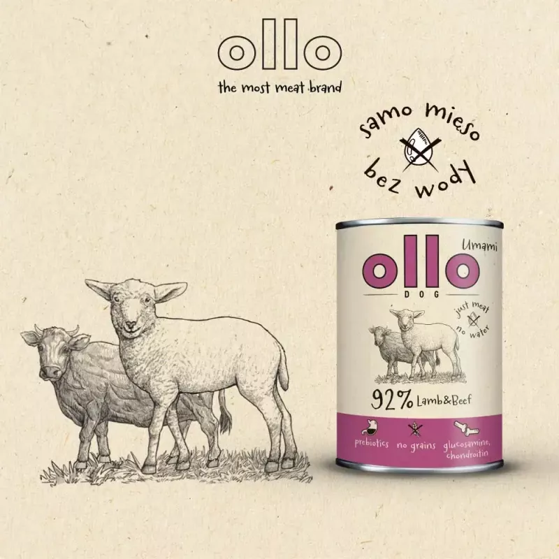 Wet dog food OLLO Umami Lamb and Beef 850 g — adult, grain-free, gluten- and soy-free