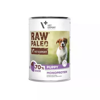 Wet dog food VETEXPERT RAW PALEO Puppy Monoprotein Duck 400 g, moisture 74.8%, protein 9.6%, fat 10.6%