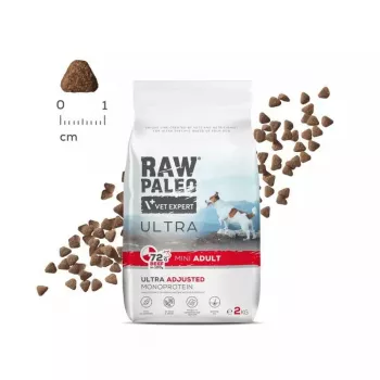 Dry dog food VETEXPERT RAW PALEO Ultra Mini Adult Beef 2 kg — complete kibble for adult small breeds, 28.5% protein, 16% fat