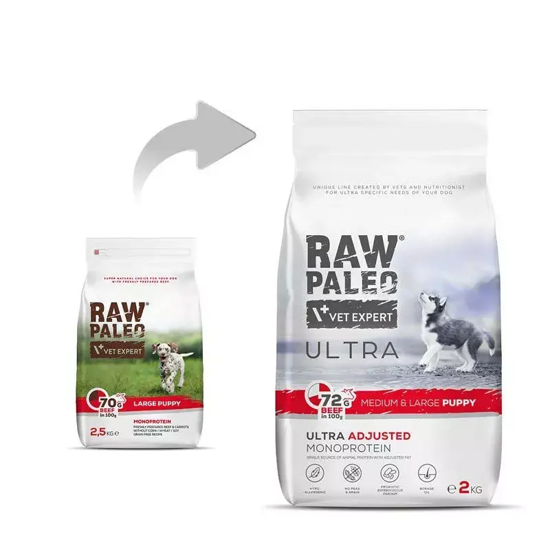 Dry puppy food VETEXPERT RAW PALEO Ultra Medium & Large Beef 2 kg — beef, protein 30.5%, fat 16.5%