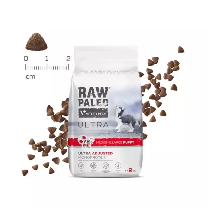 Dry puppy food VETEXPERT RAW PALEO Ultra Medium & Large Beef 2 kg — beef, protein 30.5%, fat 16.5%
