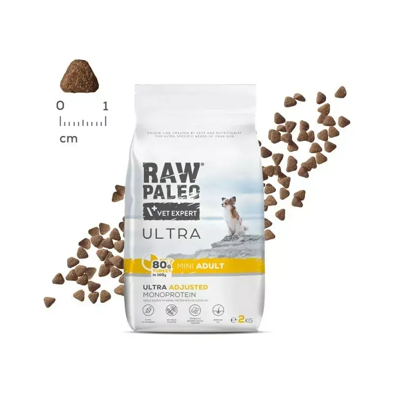 Dry dog food VETEXPERT RAW PALEO Ultra Mini Adult Turkey 2 kg — complete kibble for small-breed adult dogs, protein 24.5%, fat 14%