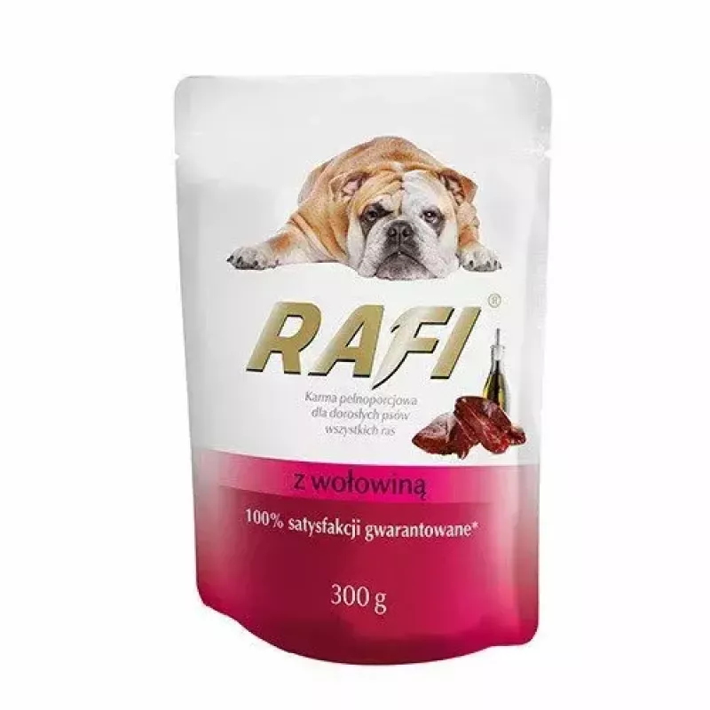 Wet dog food Dolina Noteci Rafi with beef, complete canned diet for adult dogs, 300 g, moisture 78%, protein 9%, fat 7%