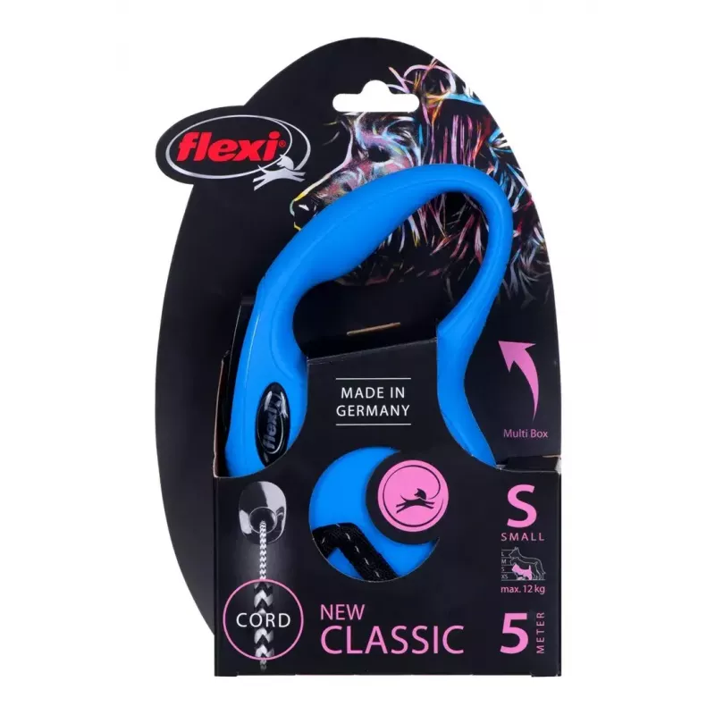 Retractable dog leash Flexi New Classic S — cord, 5 m, single-leash, blue, max load 12 kg