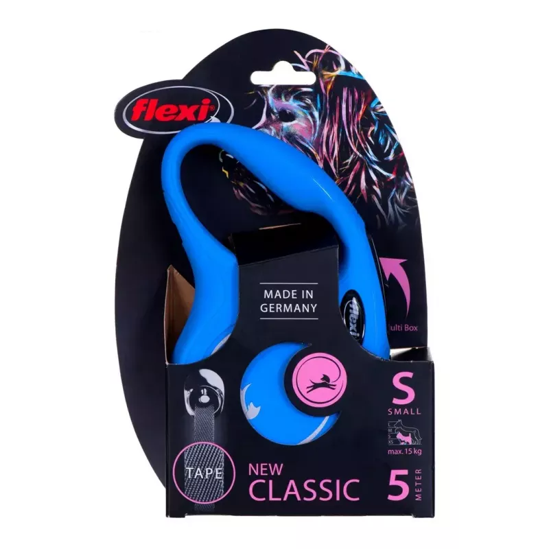 Retractable dog lead Flexi New Classic S, cord leash, 5 m length, for small dogs 5–10 kg, max load 15 kg, blue