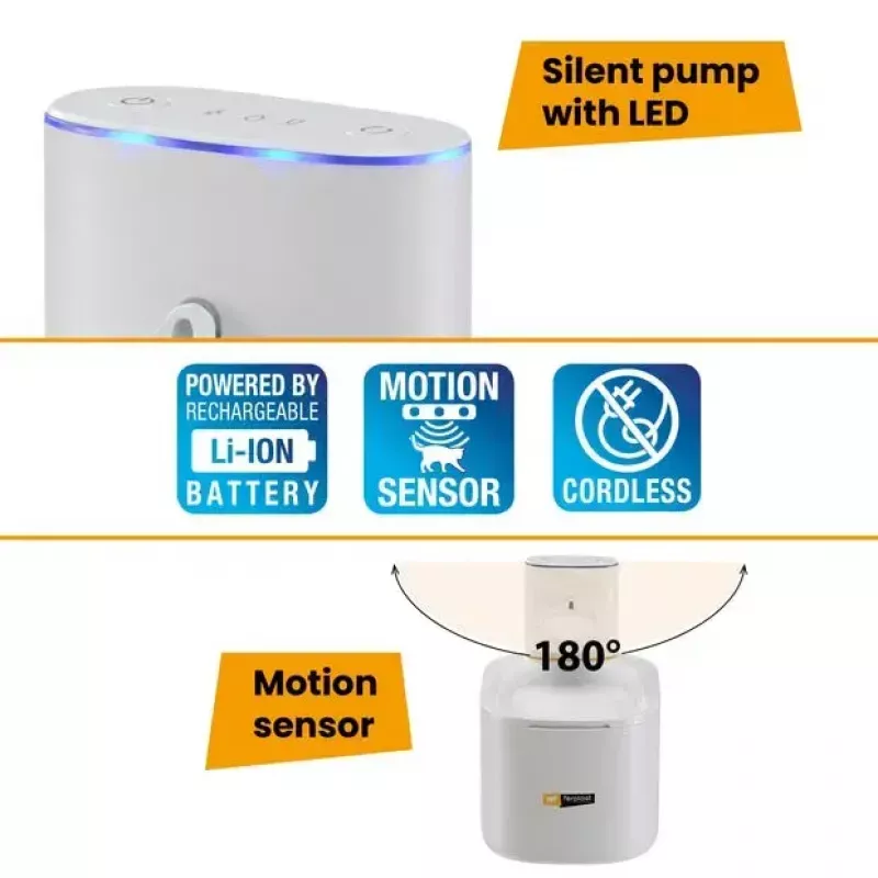 Pet fountain FERPLAST ASTRA 3L with motion sensor — 3 L technopolymer, battery/DC powered, 3-stage filtration
