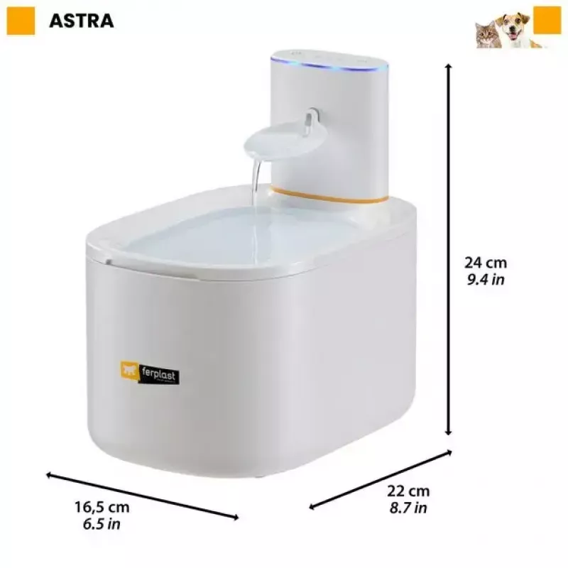 Pet fountain FERPLAST ASTRA 3L with motion sensor — 3 L technopolymer, battery/DC powered, 3-stage filtration