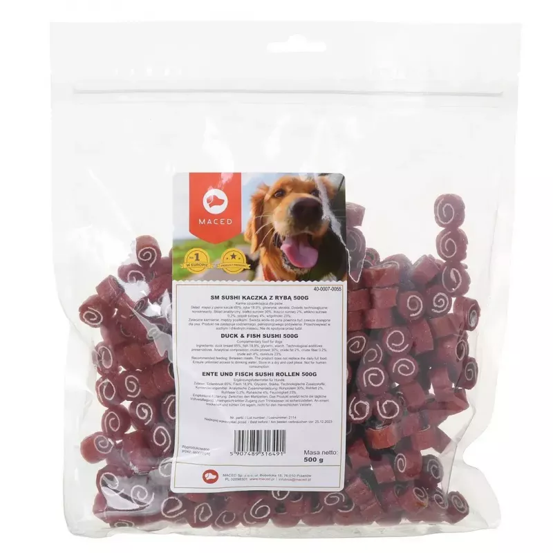 Dry dog treat MACED Duck and Fish Sushi 500 g — complementary training snack, protein 30%, fat 2%, gluten-free