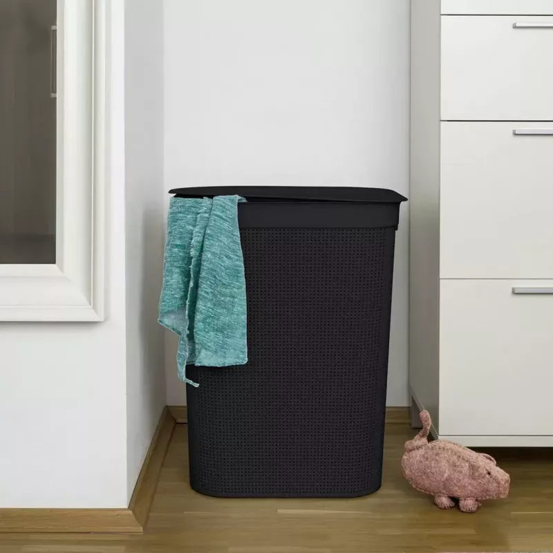 Laundry basket rotho Brisen 50 L ventilated plastic hamper with lid and hanger hole, black, 340×431×529 mm