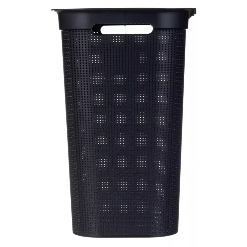 Laundry basket rotho Brisen 50 L ventilated plastic hamper with lid and hanger hole, black, 340×431×529 mm