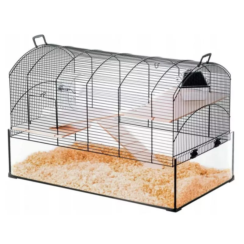 Cage ZOLUX NeoPanas XL glass cage for rodents, black, dimensions 710×410×490 mm, glass tray height 180 mm, includes 2 shelves, 2 platforms, bowl, house, reel