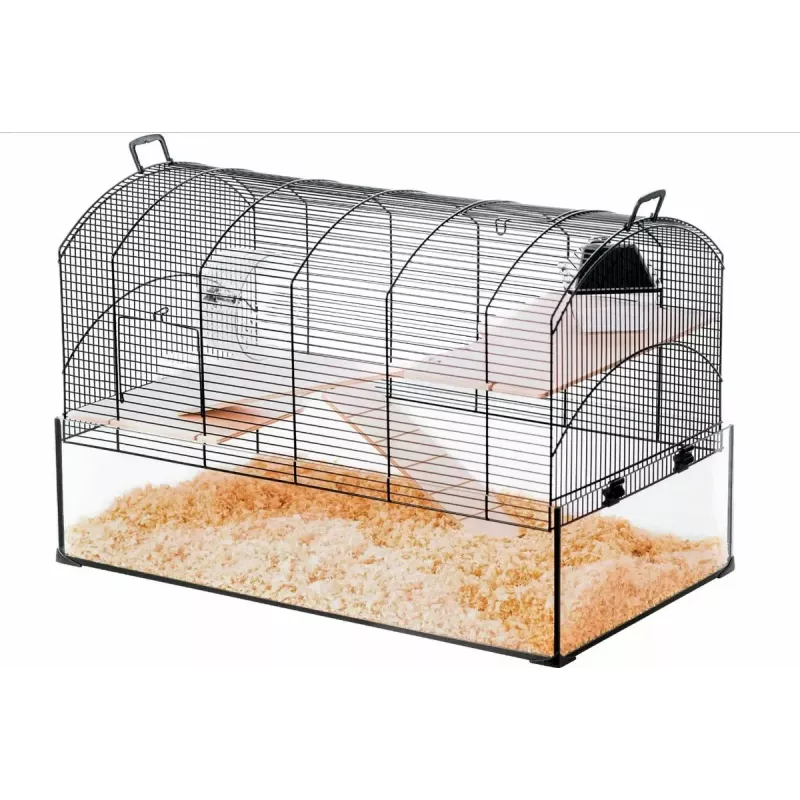 Cage ZOLUX NeoPanas XL glass cage for rodents, black, dimensions 710×410×490 mm, glass tray height 180 mm, includes 2 shelves, 2 platforms, bowl, house, reel