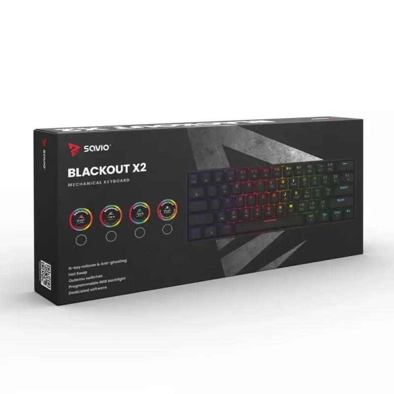 Mechanical Gaming Keyboard SAVIO BLACKOUT X2 BLUE, 61-key 60% USB Type-C detachable cable, RGB LED, Outemu Blue switches, N-key rollover