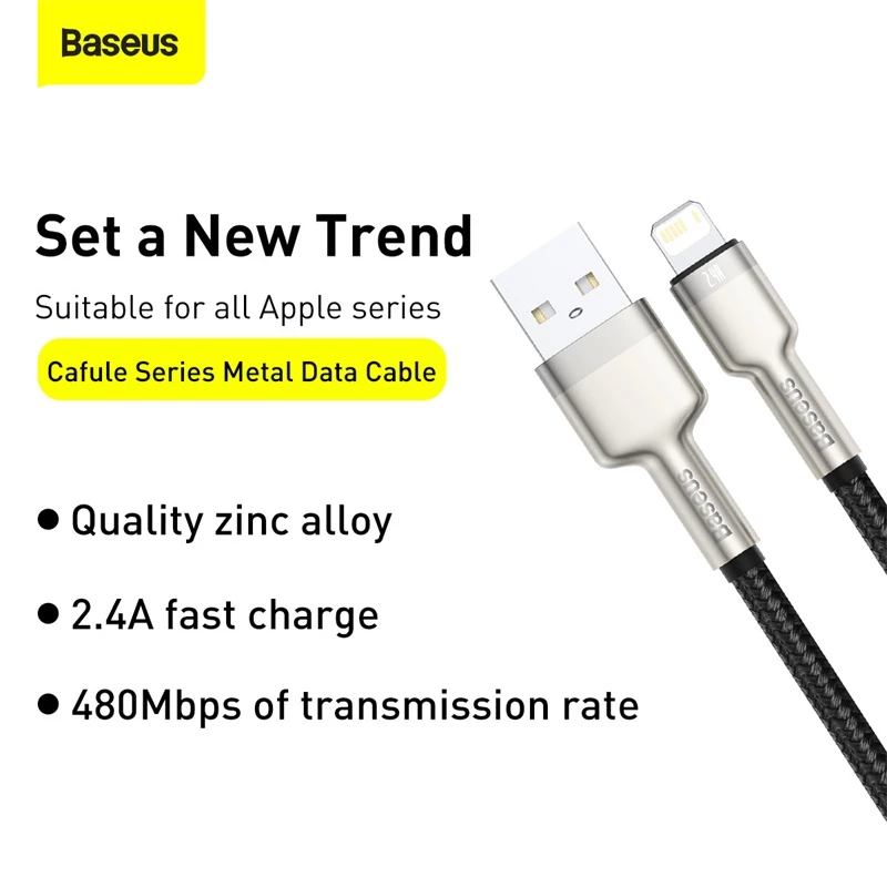 BASEUS Fast Charge Cafule Data Transfer Cable - USB Type-A to Lightning - 480Mbps (2.4A PD) - 1m - Black