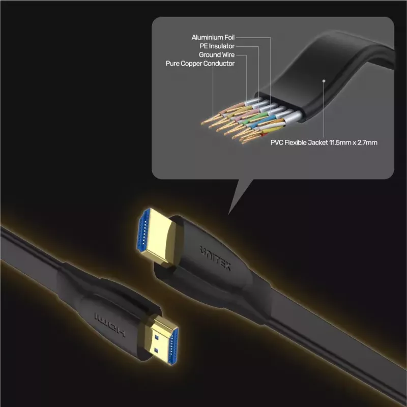 HDMI cable Unitek C11063BK-2M 2 m, HDMI 2.0, 18 Gbit/s, 4K@60Hz, ARC, flat black