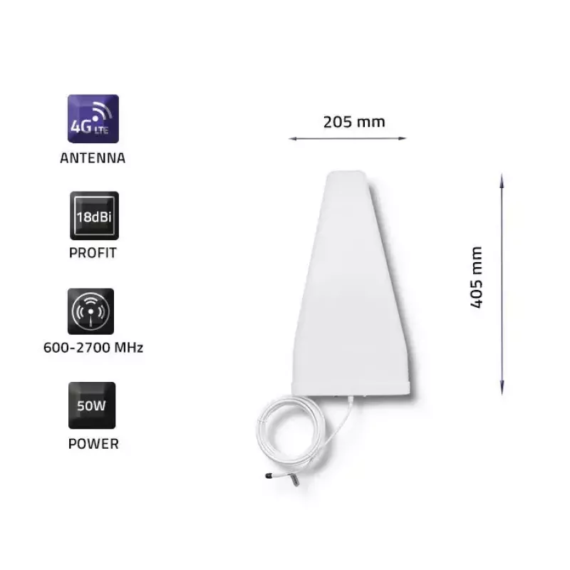 Outdoor 4G LTE Antenna QOLTEC 57021 — 18 dBi gain, 600–2700 MHz, 50 Ω, 50 W, white plastic housing