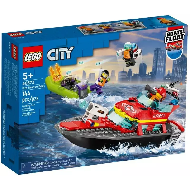 LEGO playset Fire Rescue Boat 60373 — City series, 144 pieces, 3 minifigures, age 5+, dimensions 80×230×70 mm