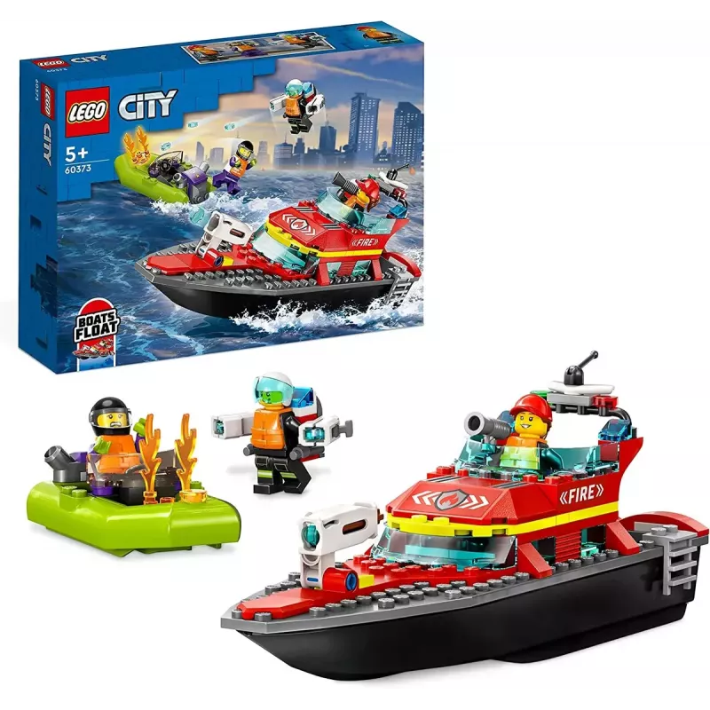LEGO playset Fire Rescue Boat 60373 — City series, 144 pieces, 3 minifigures, age 5+, dimensions 80×230×70 mm