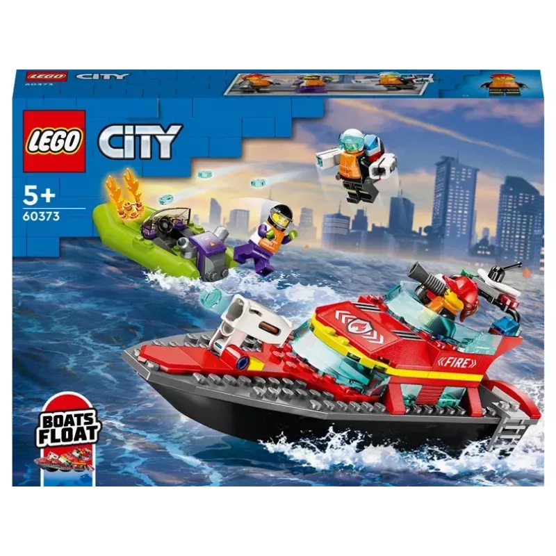 LEGO playset Fire Rescue Boat 60373 — City series, 144 pieces, 3 minifigures, age 5+, dimensions 80×230×70 mm