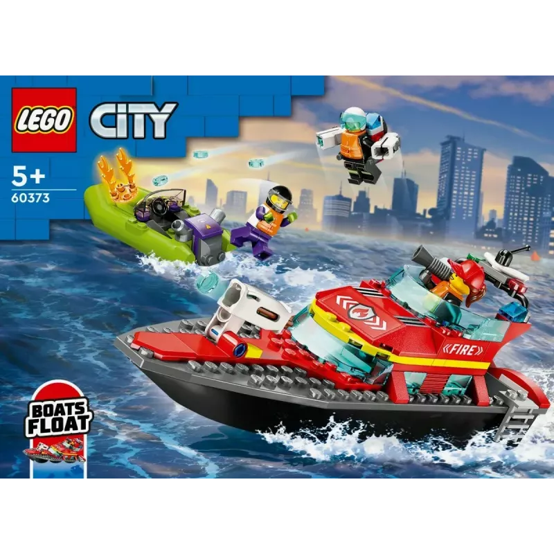 LEGO playset Fire Rescue Boat 60373 — City series, 144 pieces, 3 minifigures, age 5+, dimensions 80×230×70 mm