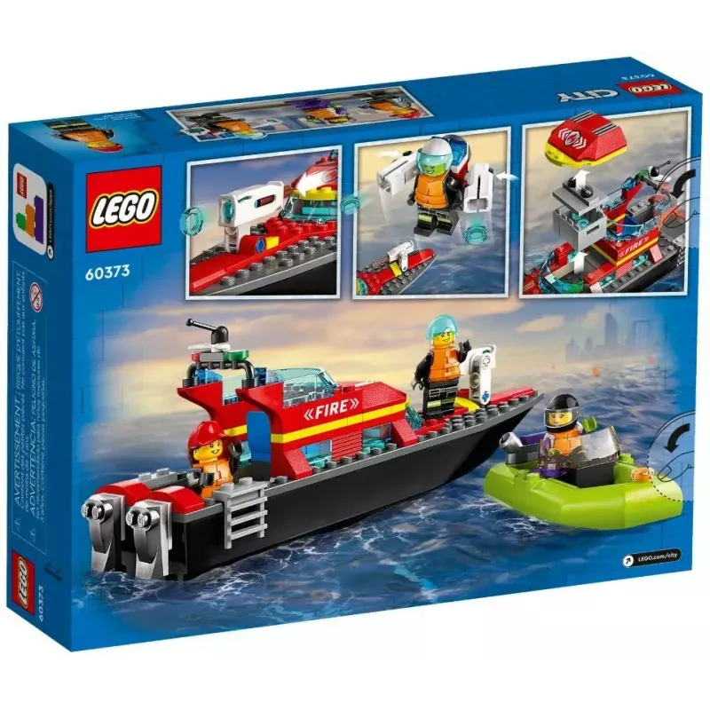 LEGO playset Fire Rescue Boat 60373 — City series, 144 pieces, 3 minifigures, age 5+, dimensions 80×230×70 mm
