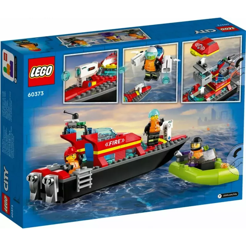 LEGO playset Fire Rescue Boat 60373 — City series, 144 pieces, 3 minifigures, age 5+, dimensions 80×230×70 mm