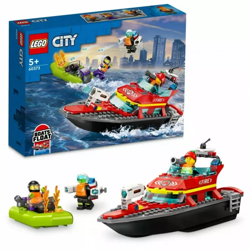 LEGO playset Fire Rescue Boat 60373 — City series, 144 pieces, 3 minifigures, age 5+, dimensions 80×230×70 mm