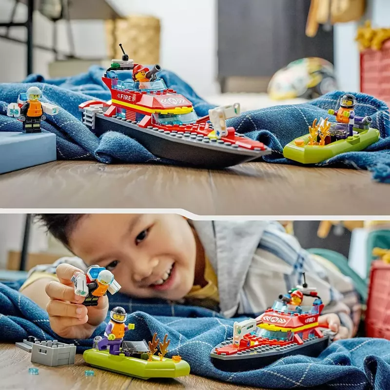 LEGO playset Fire Rescue Boat 60373 — City series, 144 pieces, 3 minifigures, age 5+, dimensions 80×230×70 mm
