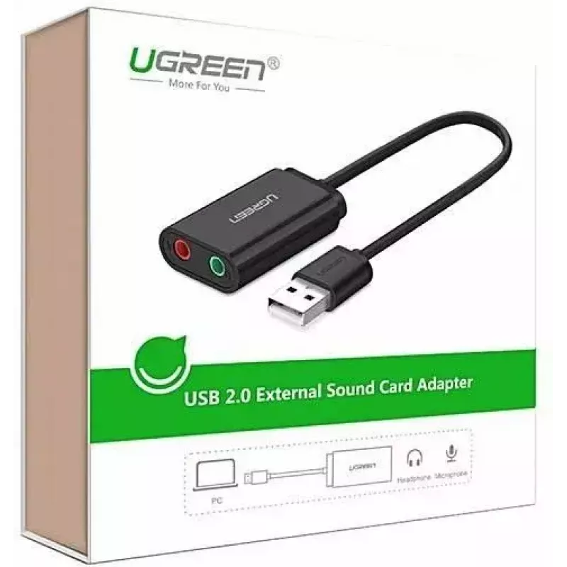 External USB 2.0 Audio Adapter UGREEN 30724 — 2.0 stereo, headphone out, mic in, 0.15 m cable, black