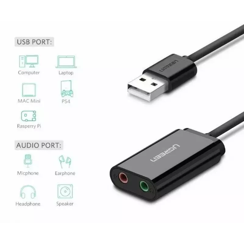 External USB 2.0 Audio Adapter UGREEN 30724 — 2.0 stereo, headphone out, mic in, 0.15 m cable, black