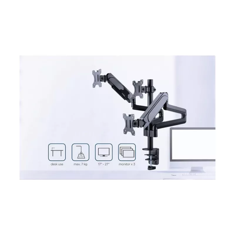 Monitor mount GEMBIRD MA-DA3-01 3-arm desk clamp/grommet for up to 3×27 inch, VESA 75/100, gas spring, black