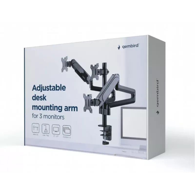 Monitor mount GEMBIRD MA-DA3-01 3-arm desk clamp/grommet for up to 3×27 inch, VESA 75/100, gas spring, black
