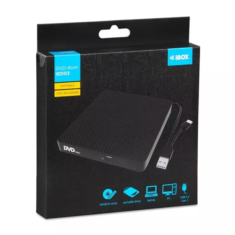 Optical Disc Drive IBOX IED03 DVD±RW USB 3.1 Gen1 (USB-C) Black, tray, 24x CD / 8x DVD
