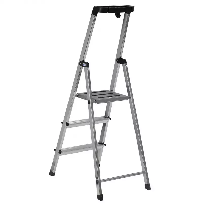 Folding ladder Krause 126313 — aluminium 3-step stepladder, max height 140 cm, load 150 kg, non-slip steps and feet