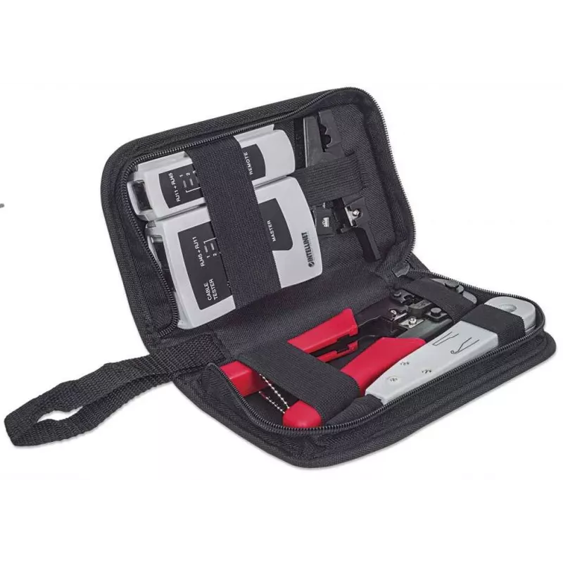 Network Tool Kit INTELLINET 4-Piece — punch down tool, crimping tool, network cable tester, black