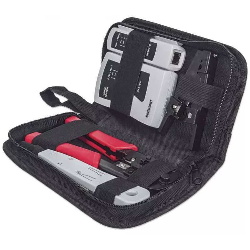 Network Tool Kit INTELLINET 4-Piece — punch down tool, crimping tool, network cable tester, black