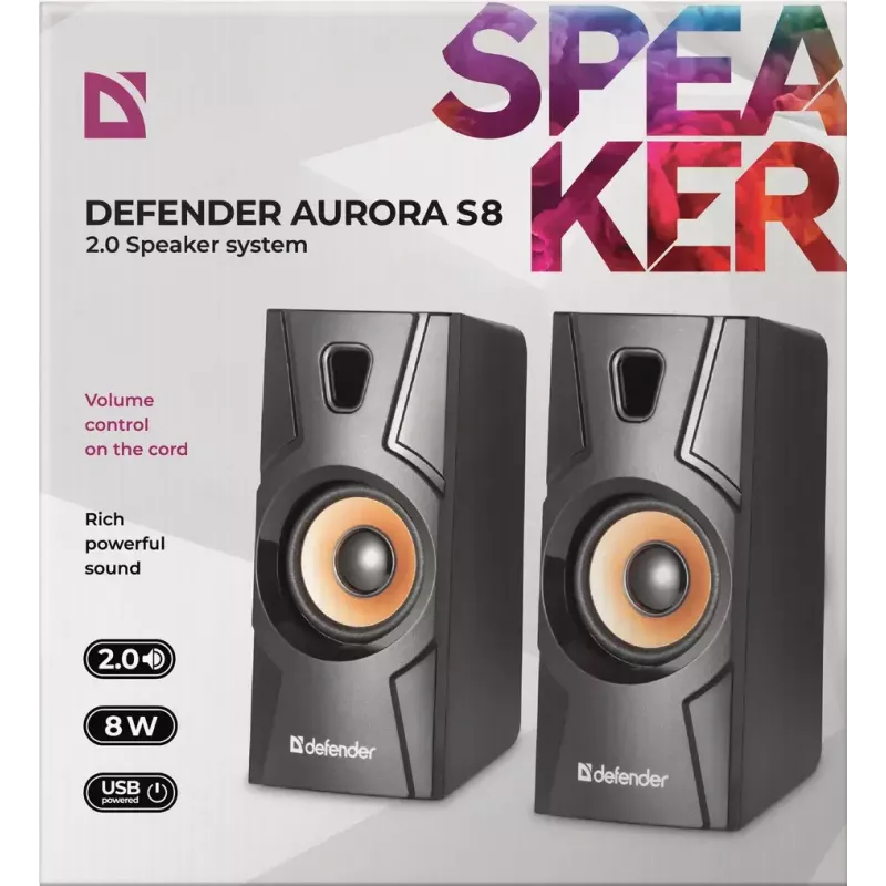 Wired desktop speaker DEFENDER Aurora S8 — 2.0, 8 W RMS, USB power, 3.5 mm, black
