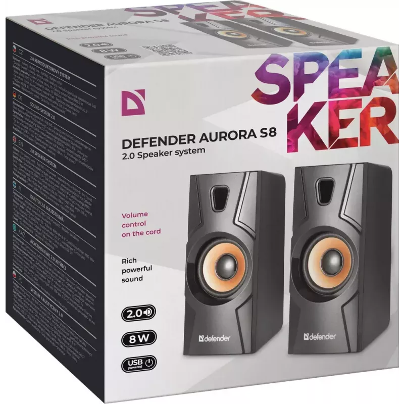 Wired desktop speaker DEFENDER Aurora S8 — 2.0, 8 W RMS, USB power, 3.5 mm, black