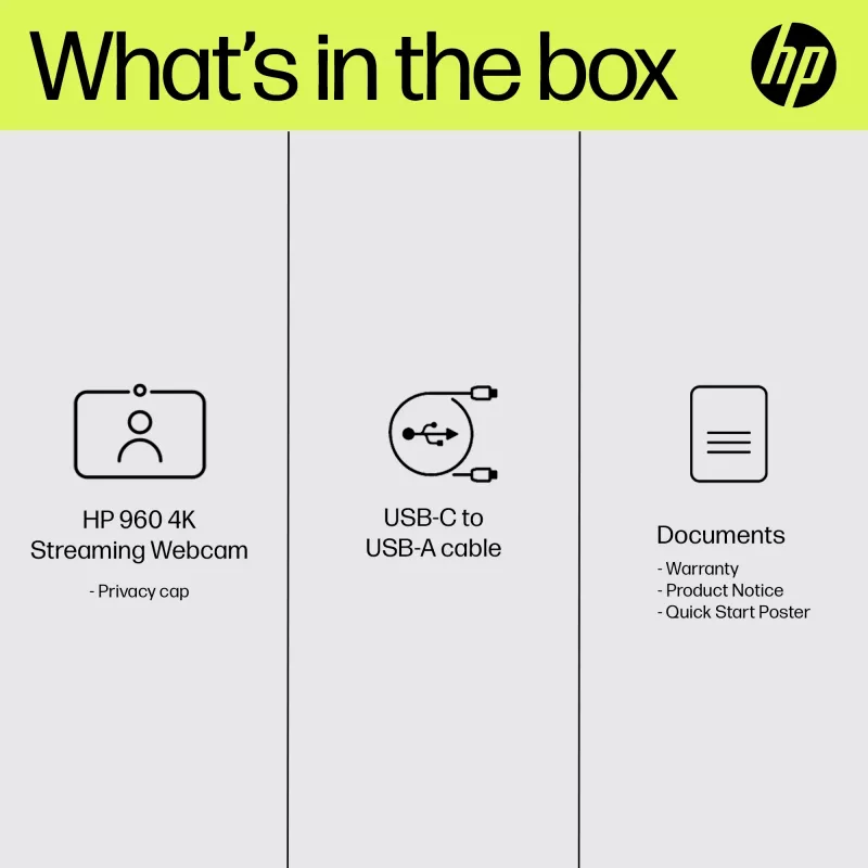 HP 960 4K Streaming Webcam, 8 MP, 3840 x 2160 pixels, 4K Ultra HD, 30 fps, 5x, Home