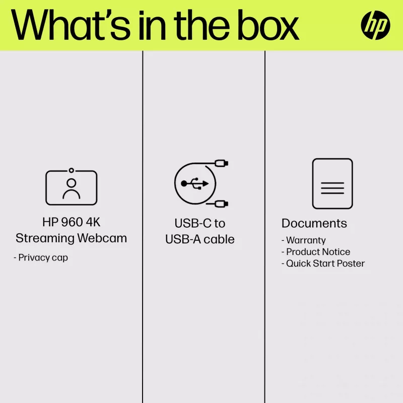 HP 960 4K Streaming Webcam, 8 MP, 3840 x 2160 pixels, 4K Ultra HD, 30 fps, 5x, Home
