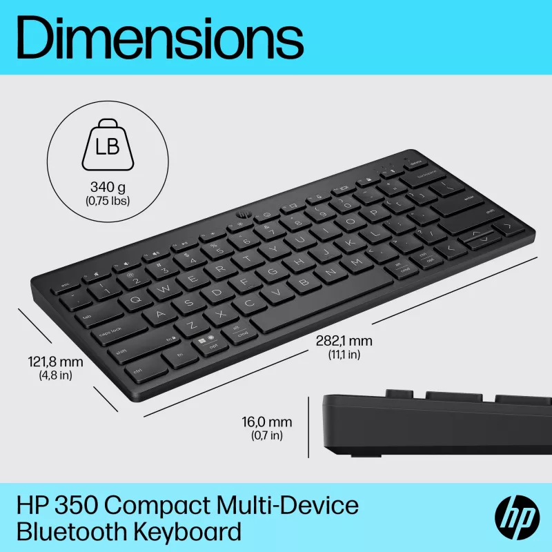 HP 350 Compact Multi-Device Bluetooth Keyboard, Wireless, Bluetooth, Mechanical, QWERTY, Black