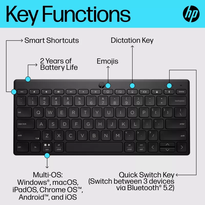 HP 350 Compact Multi-Device Bluetooth Keyboard, Wireless, Bluetooth, Mechanical, QWERTY, Black