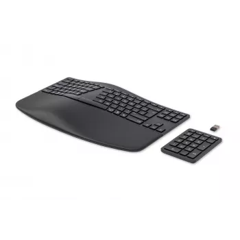 HP 960 Ergonomic Wireless Keyboard, Full-size (100%), Wireless, RF Wireless + Bluetooth, Membrane, QWERTY, Black