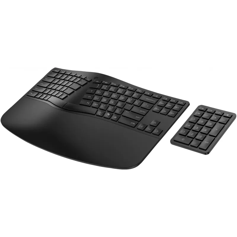 HP 965 Ergonomic Wireless Keyboard, Full-size (100%), Wireless, RF Wireless + Bluetooth, Membrane, QWERTY, Black