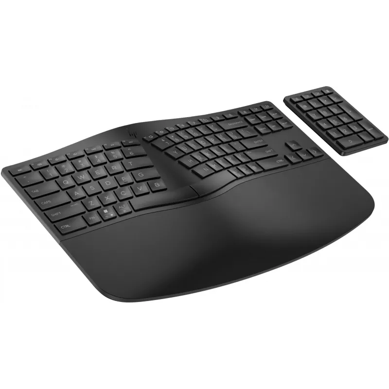 HP 965 Ergonomic Wireless Keyboard, Full-size (100%), Wireless, RF Wireless + Bluetooth, Membrane, QWERTY, Black