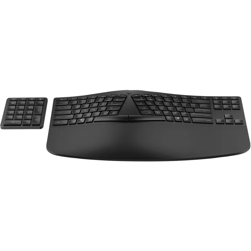 HP 965 Ergonomic Wireless Keyboard, Full-size (100%), Wireless, RF Wireless + Bluetooth, Membrane, QWERTY, Black
