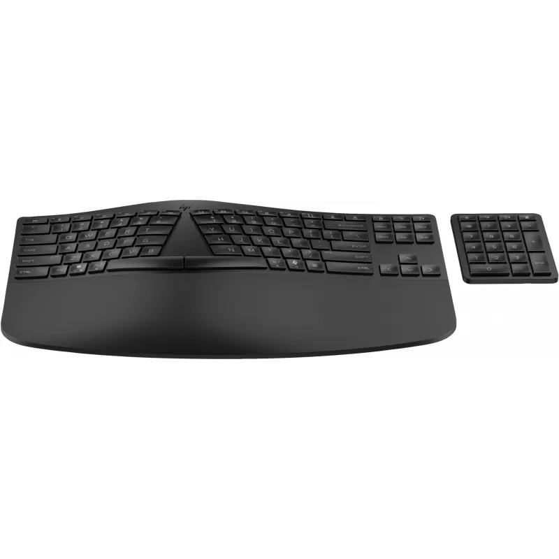 HP 965 Ergonomic Wireless Keyboard, Full-size (100%), Wireless, RF Wireless + Bluetooth, Membrane, QWERTY, Black
